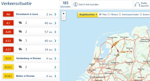 De verkeerssituatie rond middernacht op de Noordelijke wegen. Bron: http://www.anwb.nl/verkeer